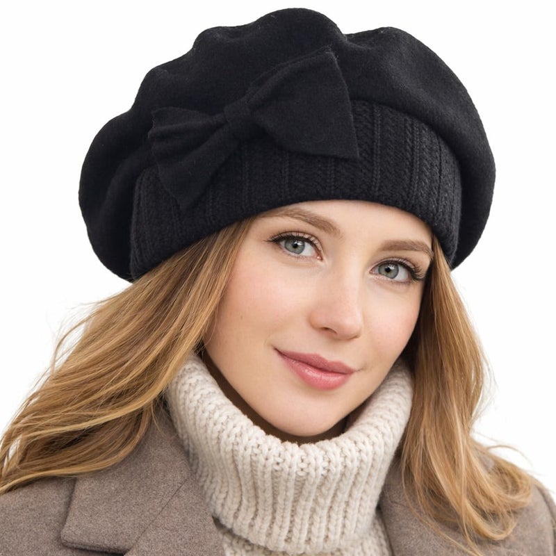 VECRY Women's 100% Wool Bucket Hat Felt Cloche Beret Dress Winter Beanie Hats (Beret-Black) - Image 4